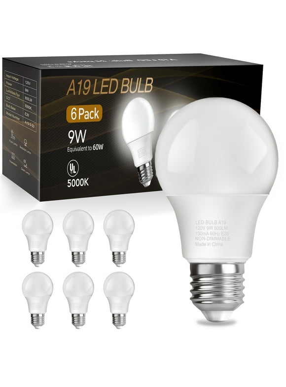 DAYBETTER A19 LED Light Bulbs, 60W Equivalent,5000K Daylight, 9W 800 Lumens,E26 Standard Base,UL Listed,Lighting for Bedroom Living Room Home Office,6 Pack