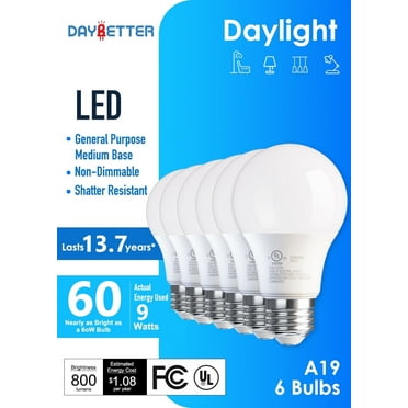 DAYBETTER A19 LED Light Bulbs, 60W Equivalent,5000K Daylight, 9W 800 Lumens,E26 Standard Base,UL Listed,Lighting for Bedroom Living Room Home Office,6 Pack