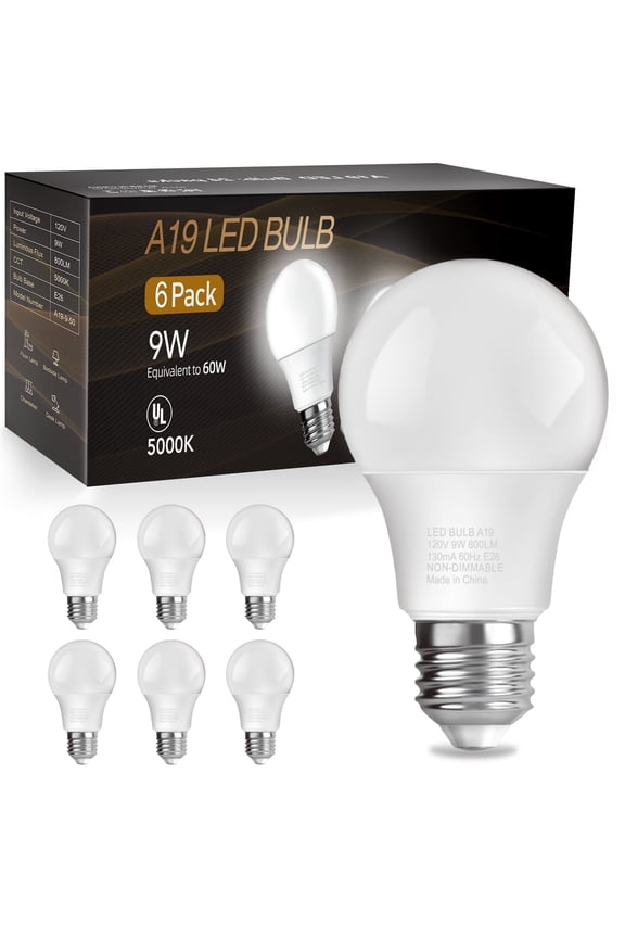 A19 LED Light Bulbs, 60W Equivalent,5000K Daylight, 9W 800 Lumens,E26 Standard Base,UL Listed,Lighting for Bedroom Living Room Home Office,6 Pack