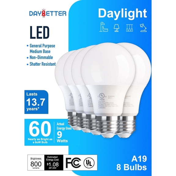 DAYBETTER A19 LED Light Bulbs, 60W Equivalent,5000K Daylight, 9W 800 Lumens,E26 Standard Base,UL Listed,Lighting for Bedroom Living Room Home Office,8 Pack