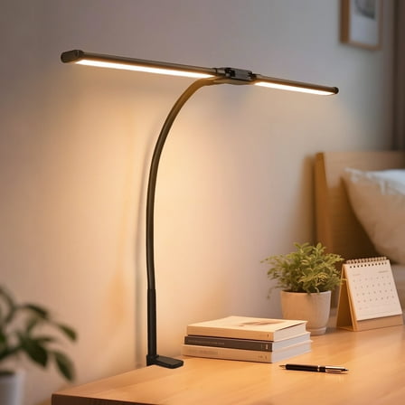 DAYBETTER LED Clip-on Desk Lamp, Double Head Reading Light, Dimmable USB Port Desk Light, 12W & 3 Color, for Home, Office,Studying