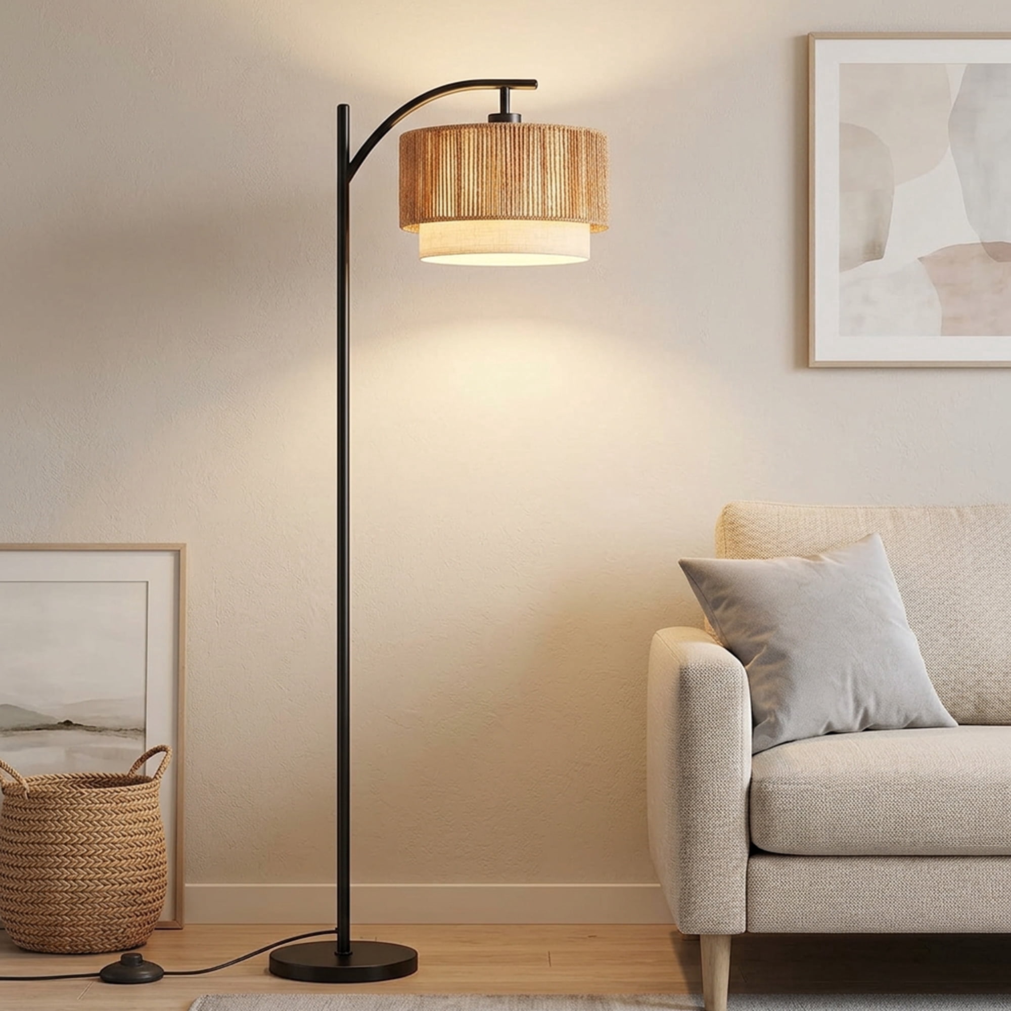 DAYBETTER Floor Lamp for Living Room, Arc Floor Lamps with 3 Color Temperatures, Farmhouse Unique Hanging Douoble Drum Lampshade, for Bedroom, Living Room