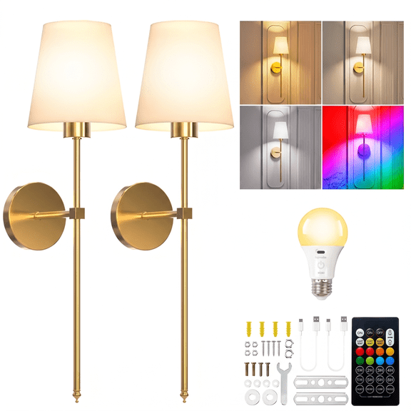 DAYBETTER Battery Operated Wall Sconces Set of 2, Wireless Rechargeable Rgb Wall Lights, Dimmable Remote Wall Lamps for Bedroom, Living Room