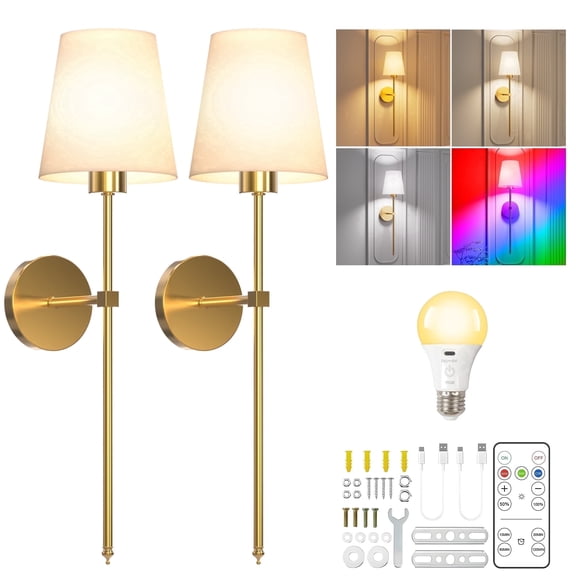 DAYBETTER Battery Operated Wall Sconces Set of 2, Wireless Rechargeable 3 Color Temperature + RGB Indoor Wall Lights, 10 Brightness Level Remote Wall Lamps for Bedroom, Living Room Night Light