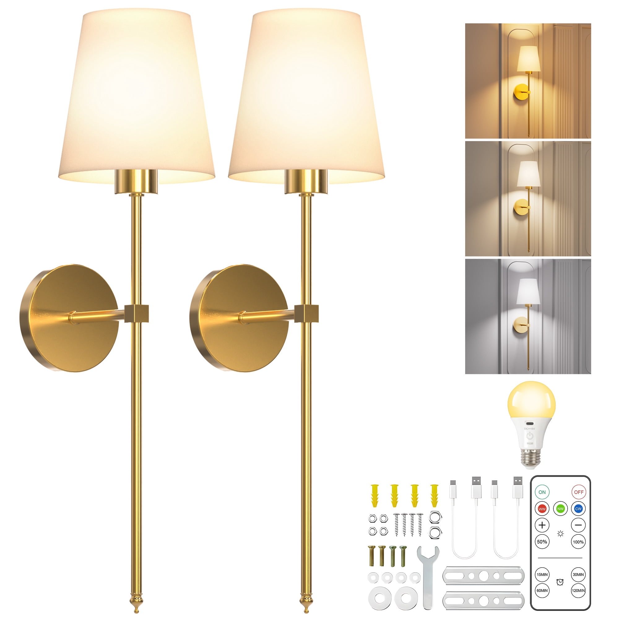 DAYBETTER Battery Operated Wall Sconces Set of 2, Wireless Rechargeable Hallway Light with Remote, 3 Color Temps Dimmable Lamp for Living Room