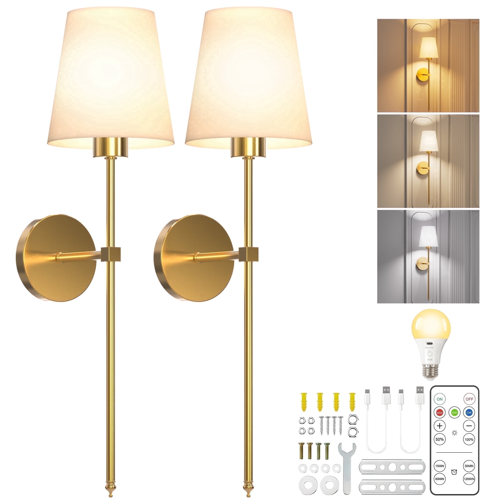 DAYBETTER Battery Operated Wall Sconces Set of 2, Wireless Rechargeable Hallway Light with Remote, 3 Color Temps Dimmable Lamp for Living Room