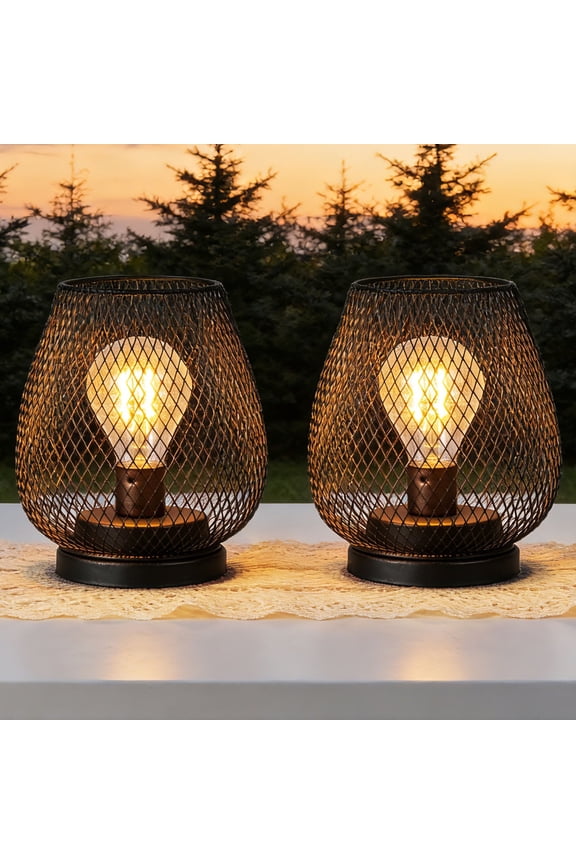 Cordless Table Lamps 2 Pack, Battery Powered Vintage Metal Table Lights for Bedroom Patio Lanterns Decor Black