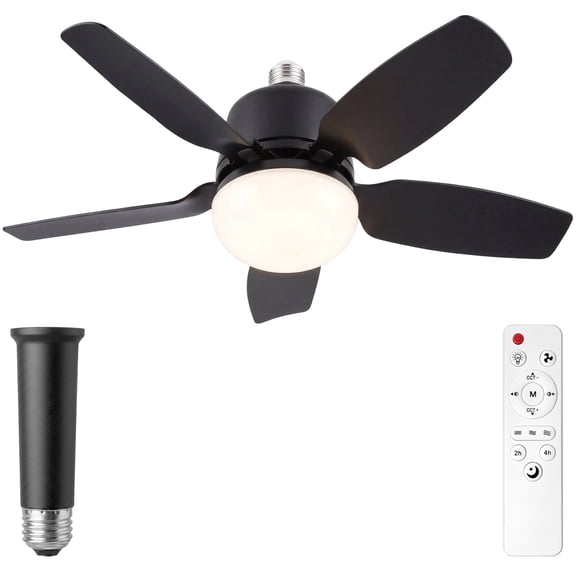 DAYBETTER Socket Fan Light, 20.5in Ceiling Fans with Lights and Remote,1500 Lumens Dimmable 5 Blades Screw in Ceiling Fan for Bedroom Living Room Cloakroom Kitchen Garage, Black