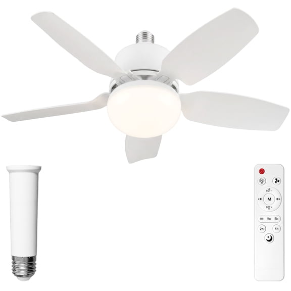 DAYBETTER Socket Fan Light, 20.5in Ceiling Fans with Lights and Remote,1500 Lumens Dimmable 5 Blades Screw in Ceiling Fan for Bedroom Living Room Cloakroom Kitchen Garage, White