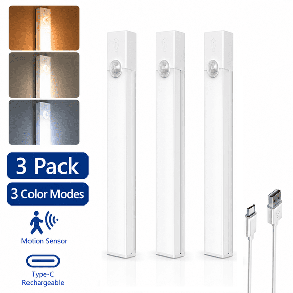 DAYBETTER 3 Pack Under Cabinet Lighting,11.8in Motion Sensor USB Rechargeable Closet Lamp, 2 Working Modes & 3 Color Temperatures, Indoor Lighting for Kitchen Cabinets Garage