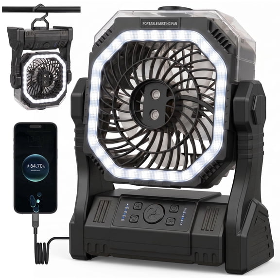 DAYBETTER 3-in-1 Portable Camping Misting Fan, 10000mAh Rechargeable Battery, 350mL Water Tank, 4-Speed Tent Fan with LED Light & Power Bank for Patio, Beach, Outdoor, Black