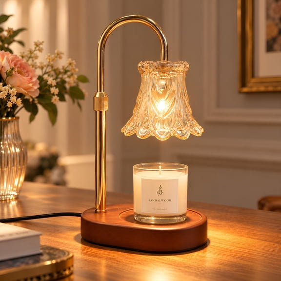 DAYBETTER Candle Warmer Lamp with Timer and Dimmer, Adjustable Height, Electric Wax Melt Light with Amber-Colored Flower-Shaped Glass lampshade, for Bedroom, Home Decor and Gift