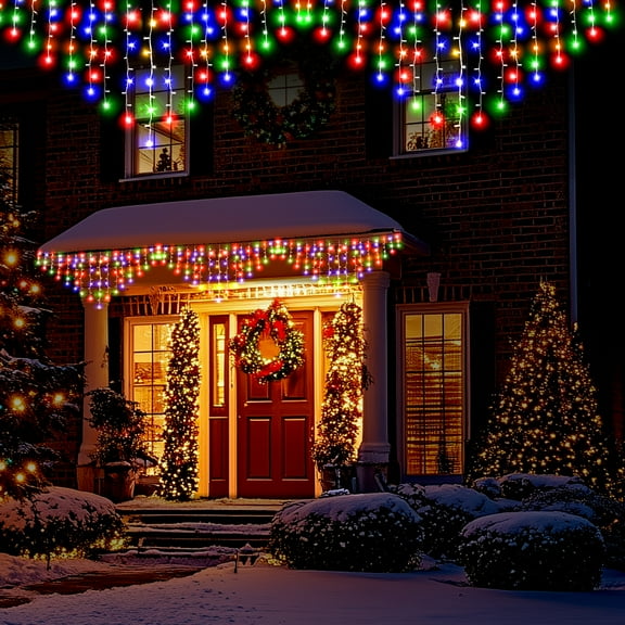 DAYBETTER Christmas Lights Outdoor Decorations, 32.8ft RGB Clear Wire LED Icicle Lights, with 384 LED Light Bulbs, Waterproof, 8 Lightsing Modes, for Christmas, Parties, Outdoor Decorations