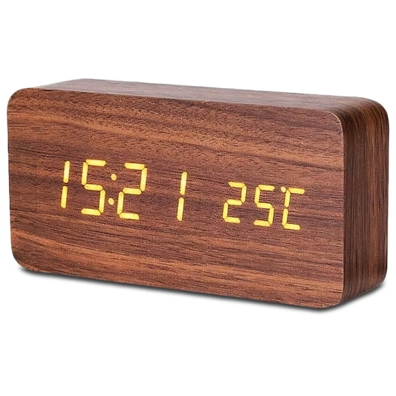 DAYBETTER Wooden Digital Alarm Clocks for Bedrooms, USB Port & Battery Powered, Loud Alarm Clock for Heavy Sleepers,Dimmer, 3 Alarms, Sound Control, Temperature, 12/24H