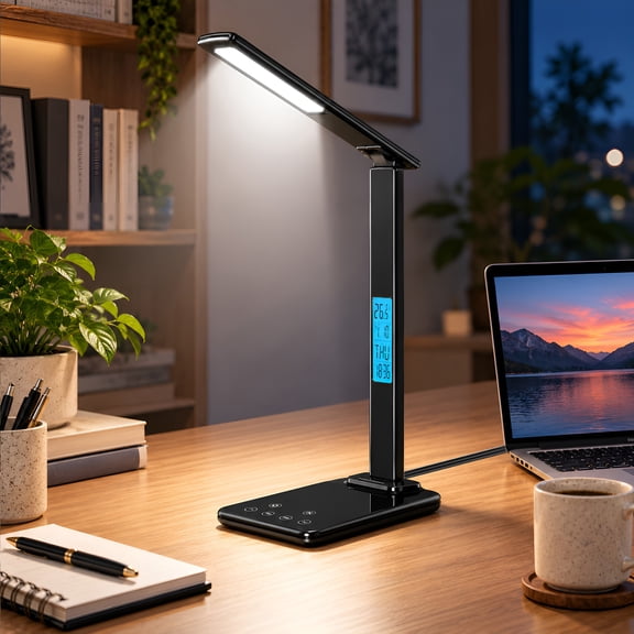 DAYBETTER Desk Lamp with Wireless Charger, Dimmable Desk Lamp with USB Charging Port, Built-in Clock, Calendar, Thermometer, Desk Lamps for Home, Office