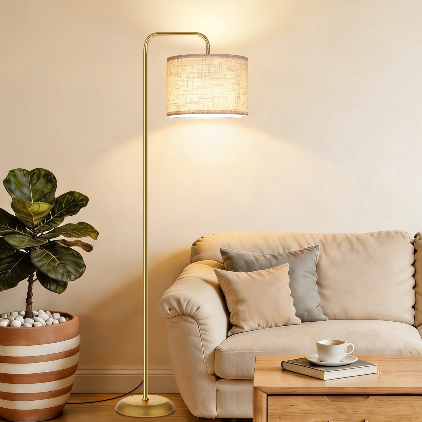 DAYBETTER Floor Lamp for Living Room, Tall Standing Lamp with 3 Color Temperatures, 850 Lumens LED Bulb, Foot Switch, Modern Metal Pole with White Shade for Bedroom, Office (Golden)