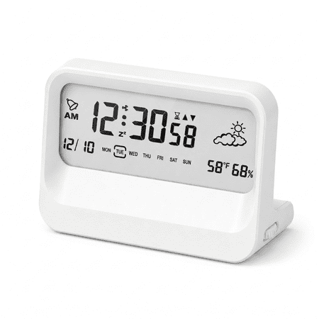 DAYBETTER Digital Alarm Clock, Transparent Bedside Desk Calendar Alarm Clock, Date, Day, Temperature, Weather Display, Timer Function (White)