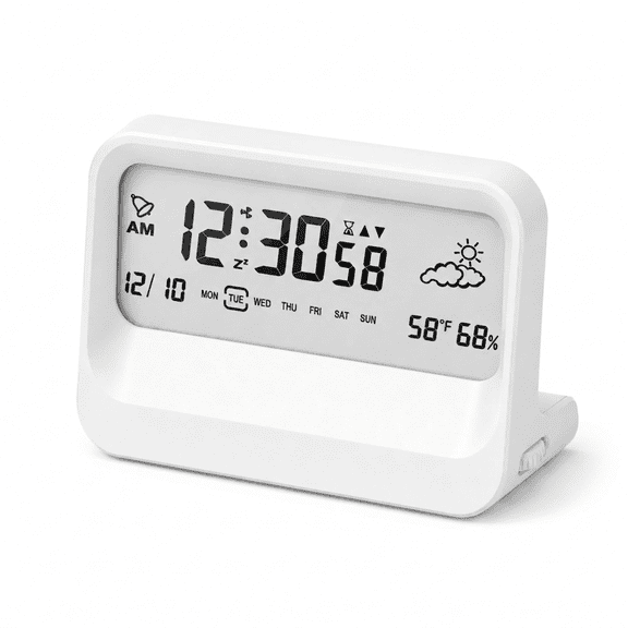 DAYBETTER Digital Alarm Clock, Transparent Bedside Desk Calendar Alarm Clock, Date, Day, Temperature, Weather Display, Timer Function (White)