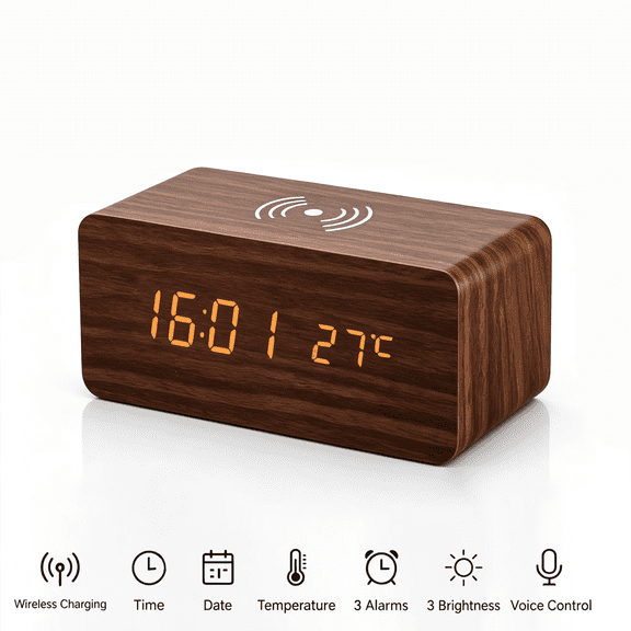 VOLIVO Digital Wooden Alarm Clock, LED Desk Clock with Wireless Charging, Adjustable Brightness, Voice Activated Timer, Temperature Display, Modern Bedside Clock for Home Bedroom