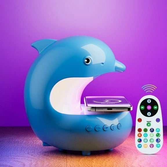 DAYBETTER Dolphin Night Light with Bluetooth Speaker, Dimmable + RGB, with 15W Wireless Charging, Timming, Atmosphere Bluetooth Speaker with Remote Control, for Bedroom Living Room Decor