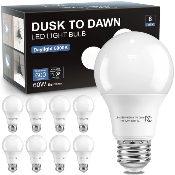 DAYBETTER Dusk to Dawn Light Bulbs Outdoor 60 Watt Equivalent, Automatic On/Off Sensor LED Light Bulb, 9W Daylight 5000K, 800Lumen, A19 E26 Bulbs,8pack.