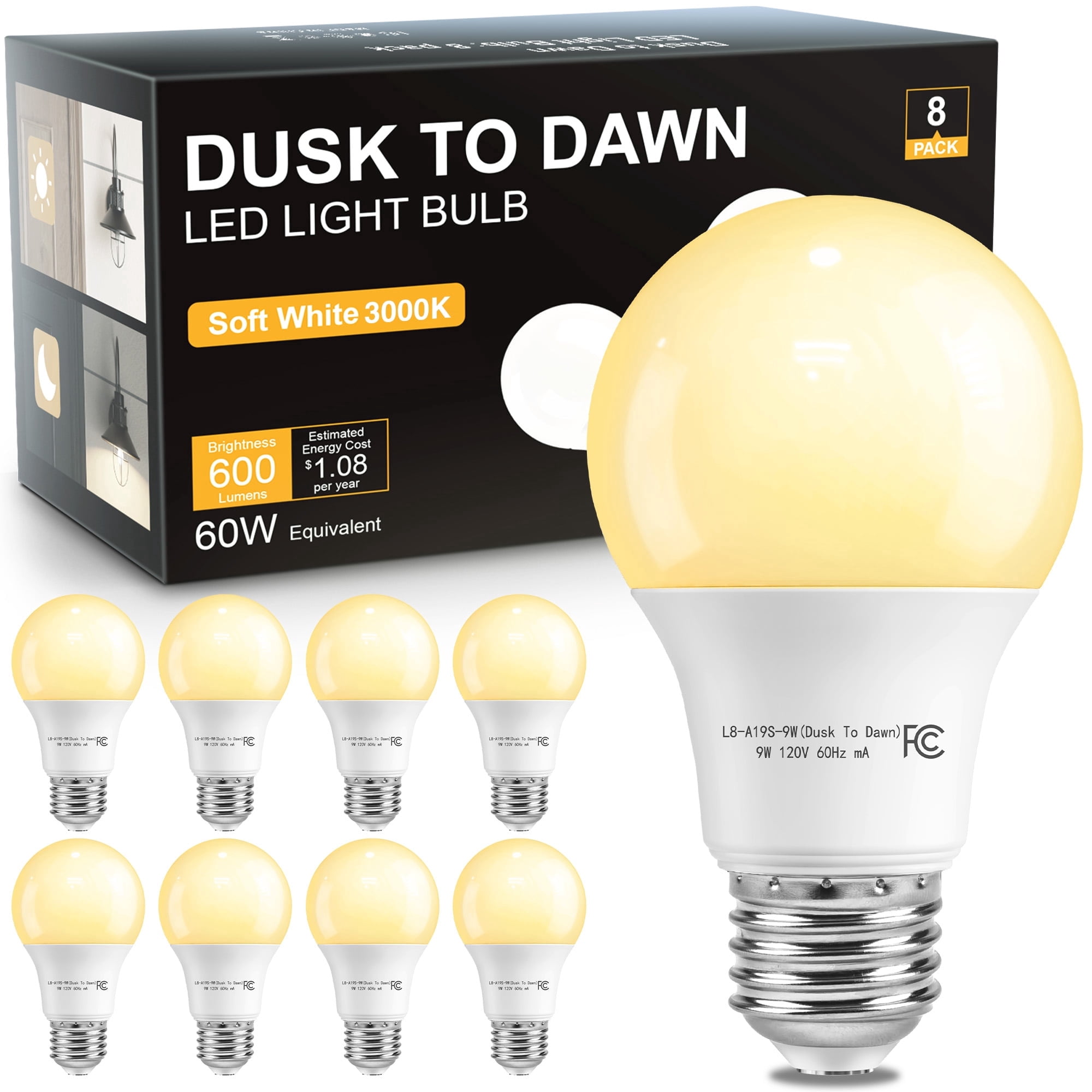 DAYBETTER Dusk to Dawn Light Bulbs Outdoor 60 Watt Equivalent, Automatic On/Off Sensor LED Light Bulb, 9W Soft White 3000K, 800Lumen, A19 E26 Bulbs,8pack