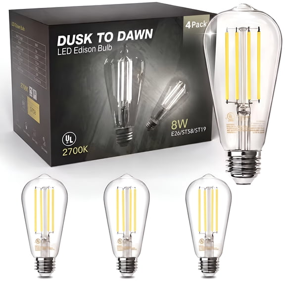 DAYBETTER Dusk to Dawn ST58 Edison LED Light Bulbs, 60W Equivalent 8W, 800LM, 2700K White, 80 Cri, Clear Glass, Dimmable E26 Medium Base, 4 Pack