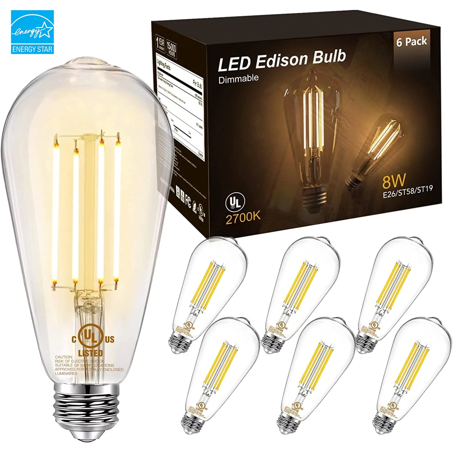 DAYBETTER Edison Light Bulbs,60W Equivalent,Dimmable Vintage LED Light Bulbs for Bedroom, E26 Medium Base,Warm White 2700K,ST58,8W, 800LM, 80+ CRI,Clear Glass, 6 Pack - Walmart Business Supplies DAYBETTER Edison Light Bulbs,60W Equivalent,Dimmable Vintage LED Light Bulbs for Bedroom, E26 Medium Base,Warm White 2700K,ST58,8W, 800LM, 80+ CRI,Clear Glass, 6 Pack - Walmart Business Supplies