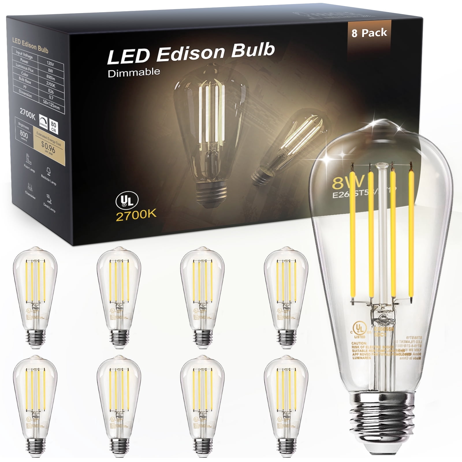 DAYBETTER Edison Light Bulbs,60W Equivalent,Dimmable Vintage LED Light ...