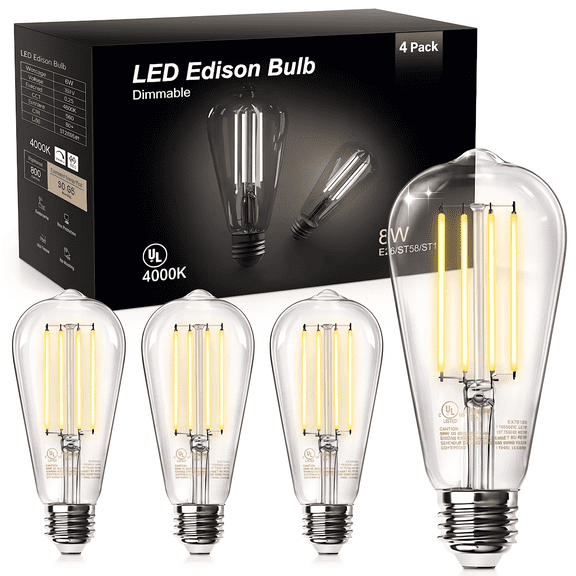 DAYBETTER Edison Light Bulbs,60W Equivalent,Dimmable Vintage LED Light Bulbs for Bedroom, E26 Medium Base,Warm White 4000K,ST58,8W, 800LM, 80+ CRI,Clear Glass, 4Pack