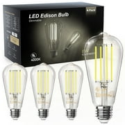 DAYBETTER Edison Light Bulbs,60W Equivalent,Dimmable Vintage LED Light Bulbs for Bedroom, E26 Medium Base,Warm White 4000K,ST58,8W, 800LM, 80+ CRI,Clear Glass, 4Pack