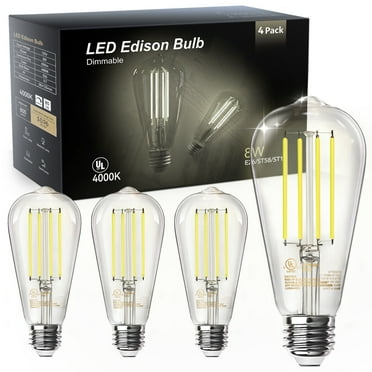 DAYBETTER Edison Light Bulbs,60W Equivalent,Dimmable Vintage LED Light Bulbs for Bedroom, E26 Medium Base,Warm White 4000K,ST58,8W, 800LM, 80+ CRI,Clear Glass, 4Pack