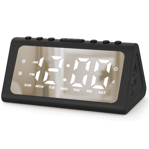 DAYBETTER Digital Alarm Clock, Mirrored LED Display, Dual Alarms, 4 White Noise Settings, Adjustable Brightness for Bedrooms, Offices, Travel (Black)