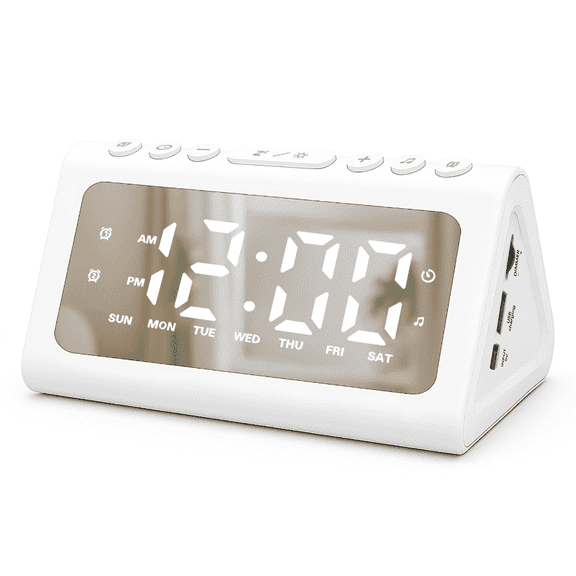 DAYBETTER Digital Alarm Clock, Mirrored LED Display, Dual Alarms, 4 White Noise Settings, Adjustable Brightness for Bedrooms, Offices, Travel (White)