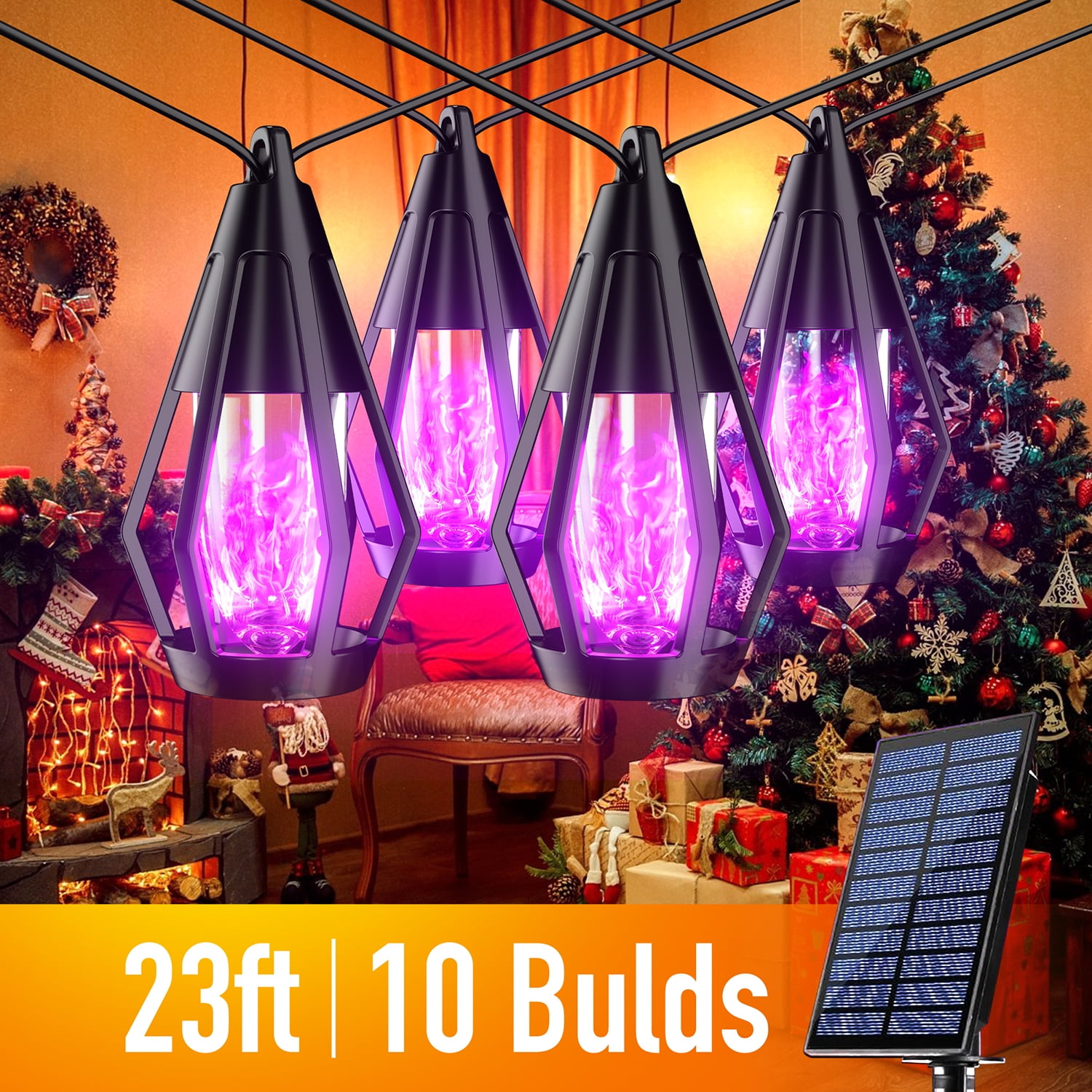 DAYBETTER Solar Outdoor String Lights, 23ft Waterproof Halloween Flame Lights, for Pitao (Purple)