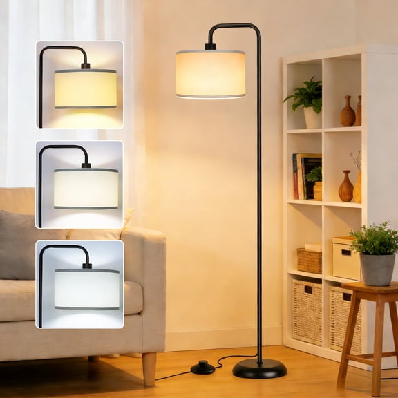 DAYBETTER Floor Lamp for Living Room, Tall Standing Lamp with 3 Color Temperatures, 850 Lumens LED Bulb, Foot Switch, Modern Metal Pole with White Shade for Bedroom, Office (Black)