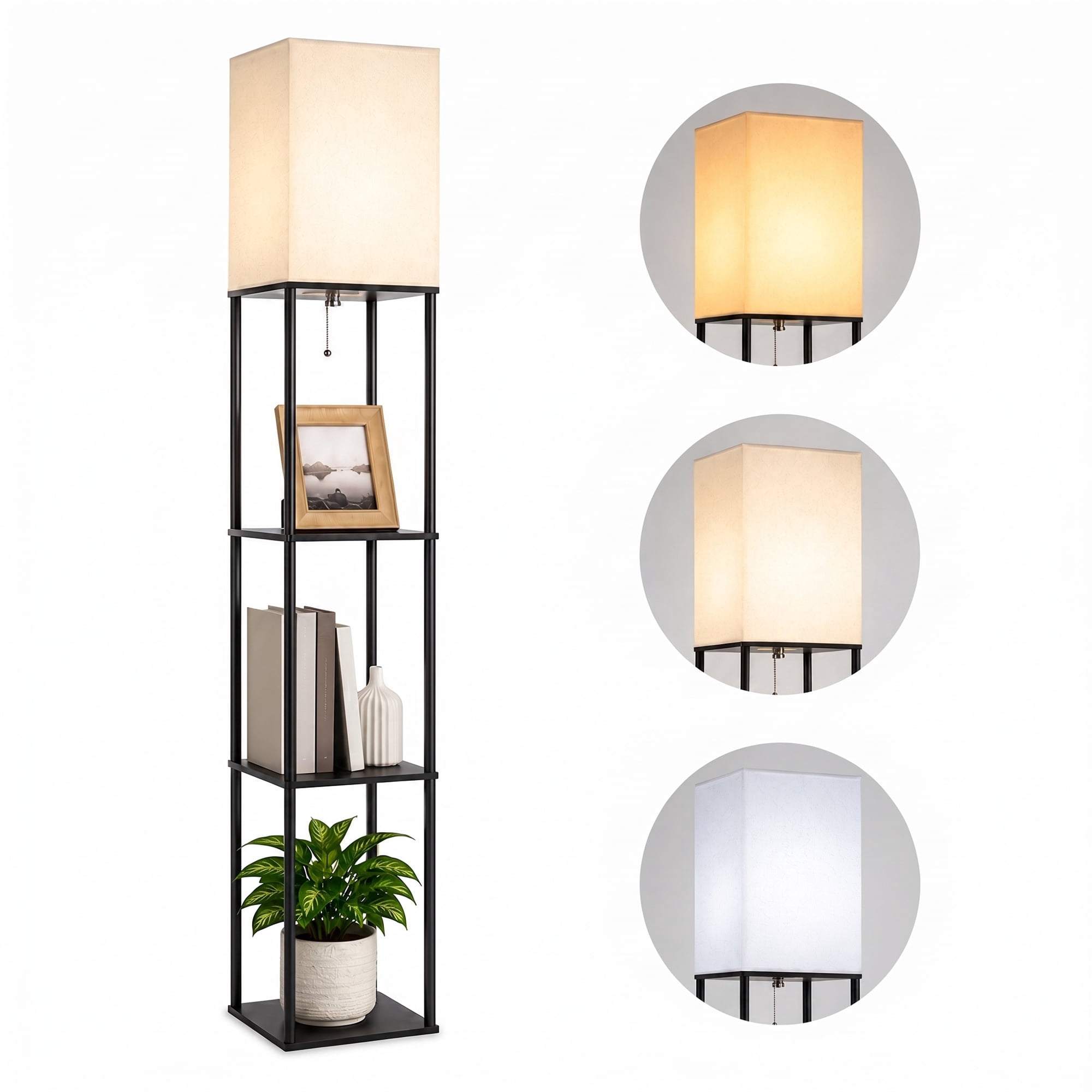 DAYBETTER Floor Lamp With Shelves, 62” Black Shelf Floor Lamp with 9W LED Bulb, 3 Color Temperature, Modern Standing Lamp for Living Room, Bedroom, Office, Corner