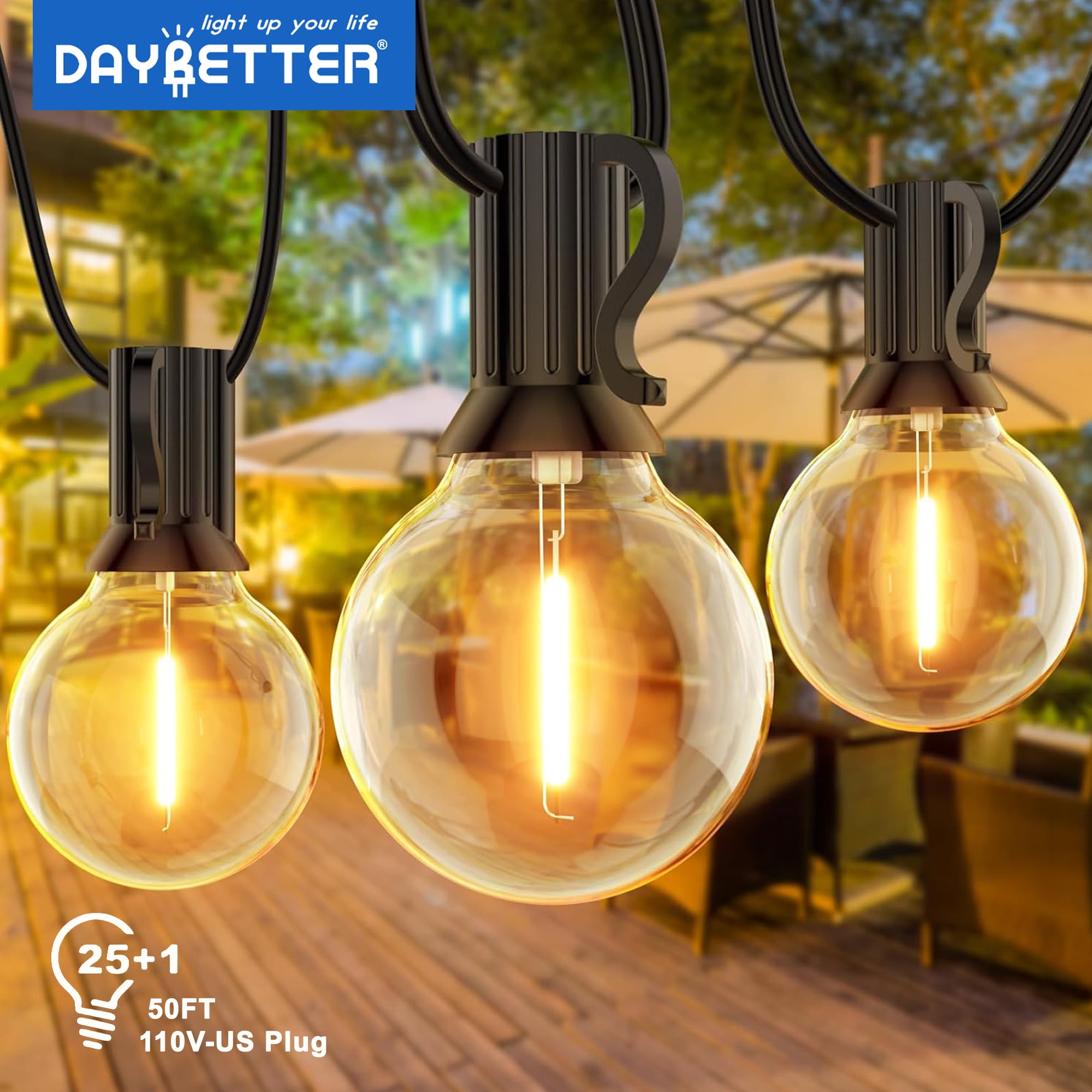 DAYBETTER 50FT Outdoor String Lights, LED Patio Lights with 26 G40 Bulbs,Outside Hanging Lights for Backyard Porch Deck