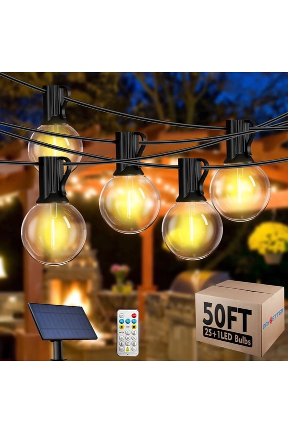 G40 Solar Outdoor String Lights, Remote Control, 50ft Waterproof Hanging Lights with 8 Lighting Modes, 25 LED Bulbs, for Outside