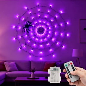 DAYBETTER Halloween Spider Web Lights, 4FT Purple LEDs with Hairy Black Spider, Remote Control, Waterproof for Indoor, Outdoor, Halloween Decor