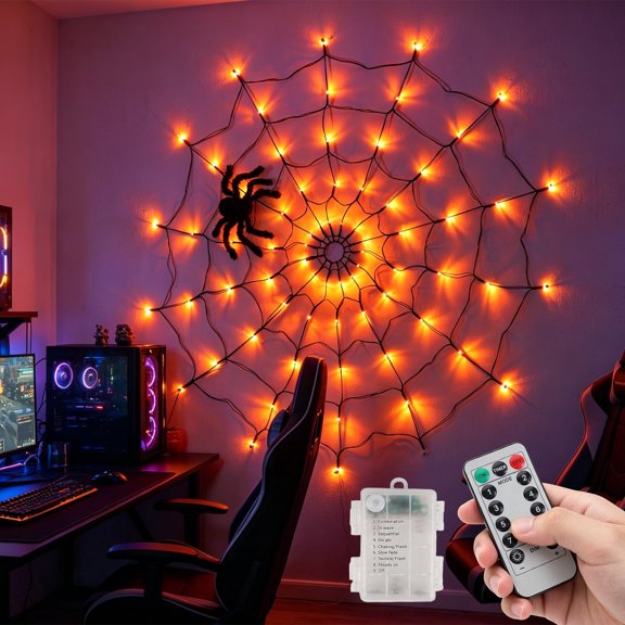 DAYBETTER Halloween Spider Web Lights, 3.3FT Orange LED Lights with Hairy Black Spider, IP44 Waterproof, Remote Control for Yard Party Decor (Orange)