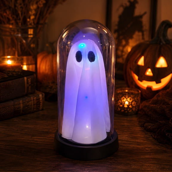 DAYBETTER Halloween Ghost Decor Light, Light Up Ghost in Glass Cloche - Cute Spooky with Light for Home Kitchen Mantel Tabletop Party Decor and Holiday Decorations