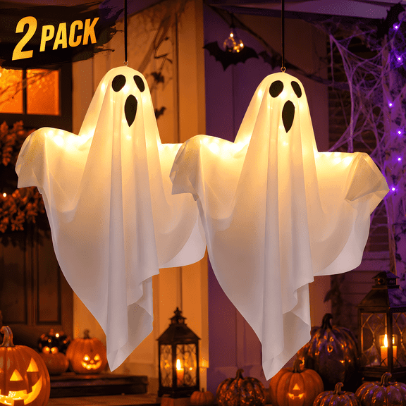 DAYBETTER Halloween Hanging Ghosts Decoration, LED White Ghost Light Up Kit Decor with adjustable arms for Indoor Outdoor Garden Yard Porch Scary Cute Halloween Ghost Decor Gifts (2 Pack)
