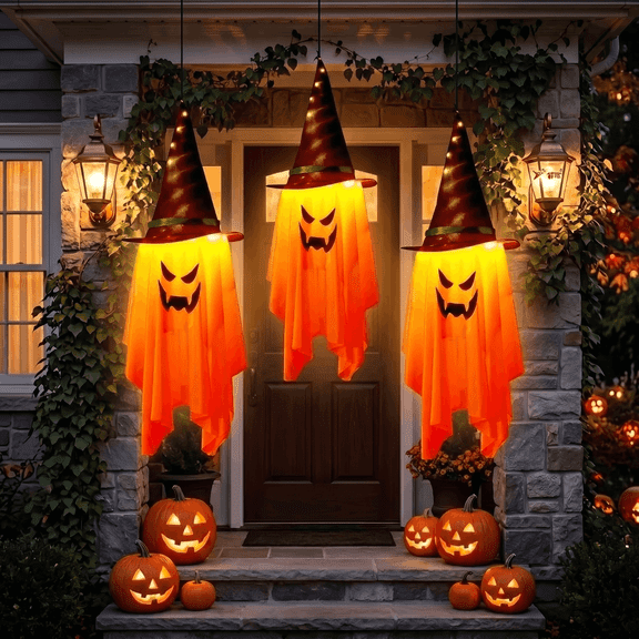DAYBETTER Halloween Hanging Light Up Decor, 3 Pack LED Hanging Pumpkin Ghost with Witch Hat Decoration for Indoor Outdoor Party Garden Halloween Gifts