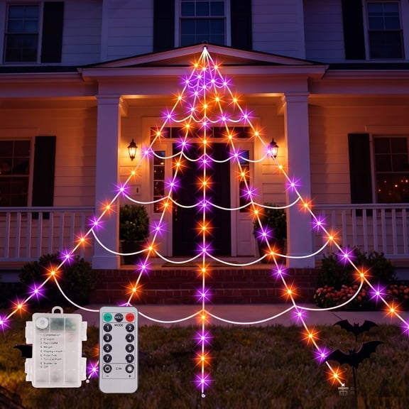 DAYBETTER Halloween Spider Web Lights, 250 Purple & Orange LED Holiday Lighting, 15.7x16.4FT Waterproof Web Lights, Remote Control, for Indoor Outdoor Yard Halloween Decor