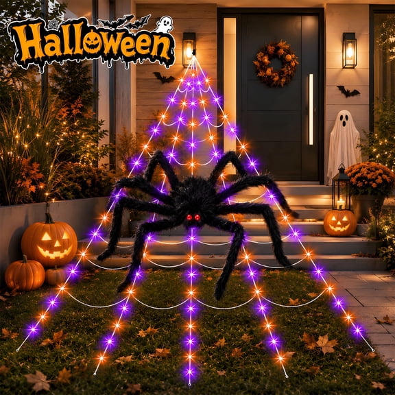 DAYBETTER Halloween Spider Web Lights, 5FT Giant Spider, 250 LED Holiday Lights, Remote Control Waterproof for Indoor Outdoor Yard Party Halloween Decorations (Purple & Orange)