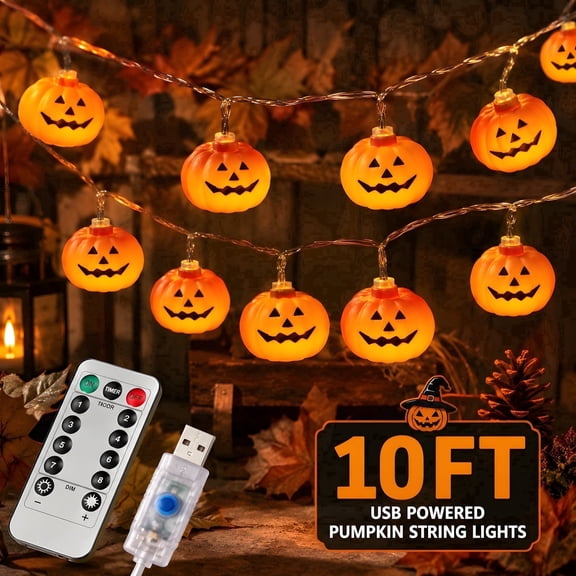 DAYBETTER Halloween Pumpkin String Lights, 10FT 3D Orange Pumpkin Twinkle Lights with 20LEDs, 8 Modes & USB Powered for Indoor, Outdoor, Halloween Decor