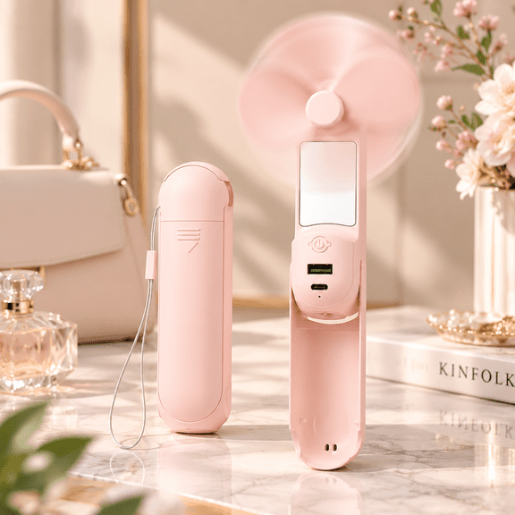 MOSENSE Portable Rechargeable Handheld Fan with Makeup Mirror, Power Bank, LED Flashlight, 3 Adjustable Speeds, USB-C Charging,Pink
