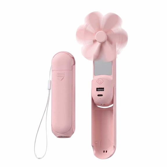 MOSENSE Portable Rechargeable Handheld Fan with Makeup Mirror, Power Bank, LED Flashlight, 3 Adjustable Speeds, USB-C Charging,Pink