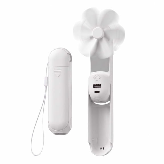 MOSENSE Portable Rechargeable Handheld Fan with Makeup Mirror, Power Bank, LED Flashlight, 3 Adjustable Speeds, USB-C Charging,White
